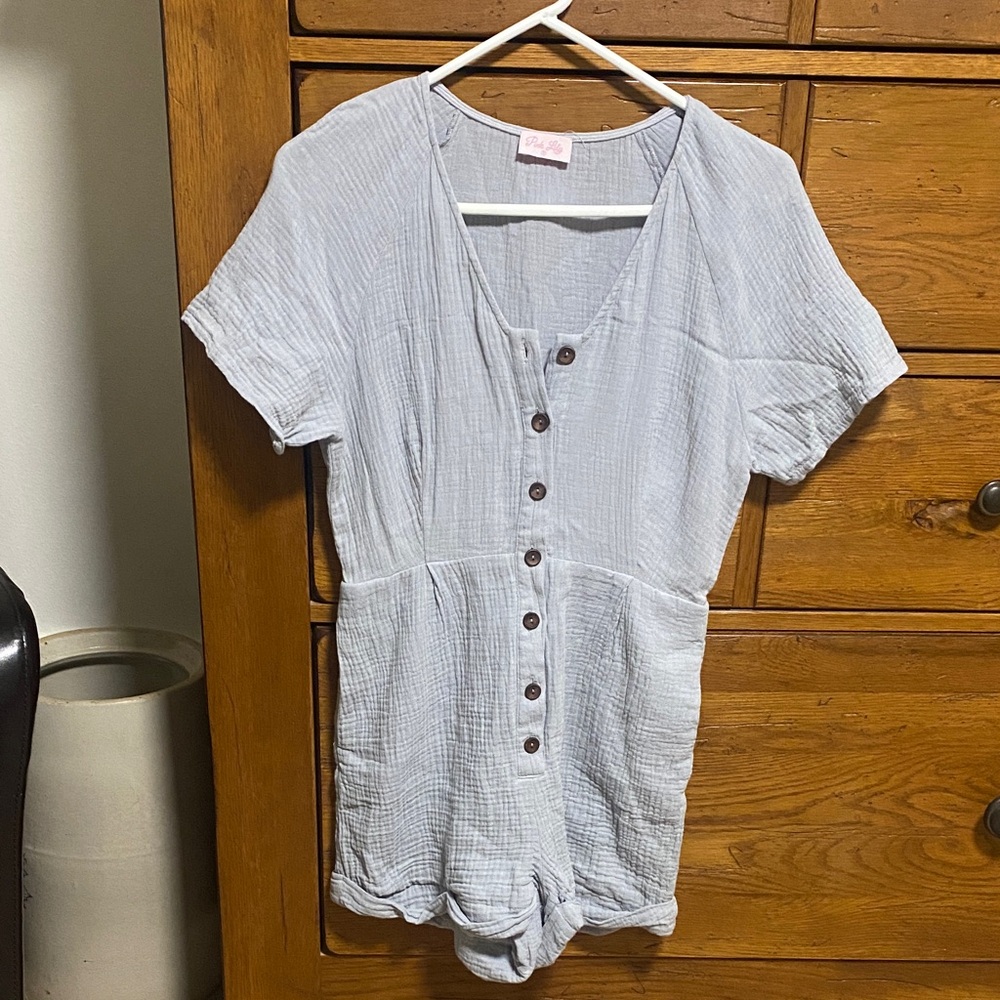 Pink Lily Light Gray Button-Up Romper